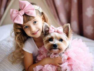 Cute little girl with a Yorkshire Terrier puppy on the bed