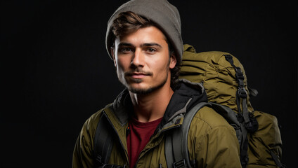 male backpacker isolated on black background