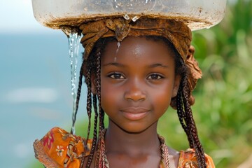 Portrait of a smiling black African girl carrying a water canister on her head - obrazy, fototapety, plakaty