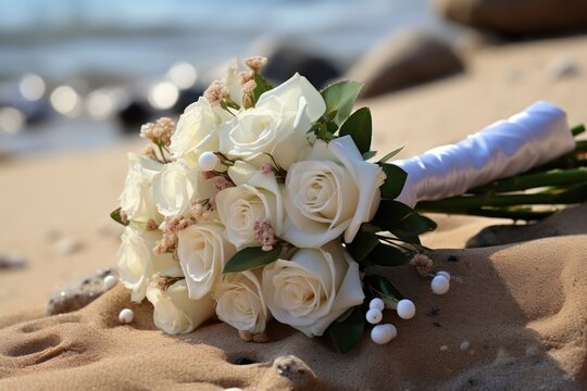 a bridal bouquet of white roses on the sand of a beach with the ocean in the background of the photo, with the bride's bouquet in the foreground.