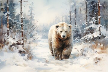  a painting of a brown bear walking through a snow covered forest with trees and snow on the ground and in the foreground is a snow covered area with trees and snow on the ground.