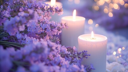 Obraz na płótnie Canvas Lavender Dreamscape with Soft Candlelight Serenity 