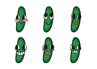 Set of cucumber cartoon with many expressions. Retro design vector illustration of cucumber on white background. Mascot faces