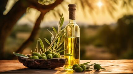 Glass bottle with olive oil, green olives on wooden table against the backdrop of garden of olive trees. Healthy oil for cooking, growing olives, blurred natural garden bokeh background