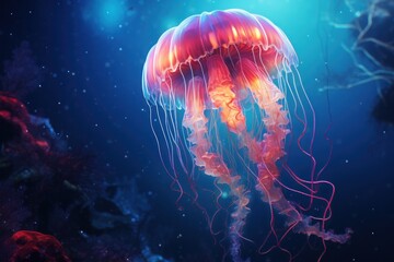  a close up of a jellyfish in a blue sea with a light shining on the top of it's head and the bottom part of it's body.