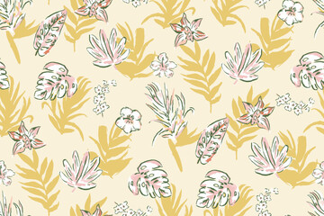 Modern exotic floral jungle pattern. Collage contemporary seamless pattern. Hand drawn cartoon style pattern. Boho foliage botanical tropical leaves