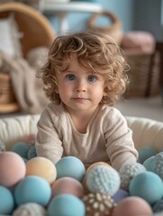 Fototapeta na wymiar A curious toddler immersed in a sea of colorful easter eggs, their human face filled with wonder and joy as they playfully roll a ball through the indoor egg-filled bowl, capturing the essence of you