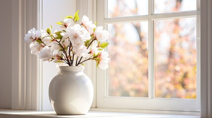 white vase with beautiful flowers near a window in a living room.