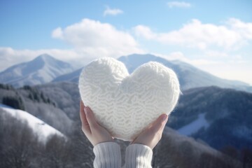  a person holding a white knitted heart in front of a mountain range with a blue sky and clouds in the background with a person's hands holding a white knitted heart in the foreground.