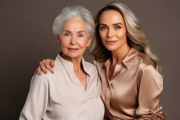 Studio portrait of a mother and daughter in elegant clothes on a beige background. Beautiful chic women of different ages, family love, happy grandmother and granddaughter