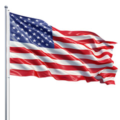 American flag waving in the wind isolated on white background