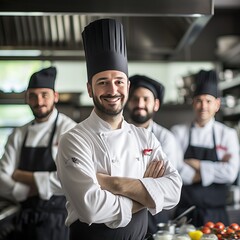 Fototapeta na wymiar Portrait of chef posing in kitchen with team