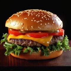 tasty double cheeseburger with lettuce, tomato, onion