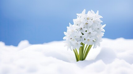 beautiful white blooming hyacinth growing through snow outdoors, with space for text.