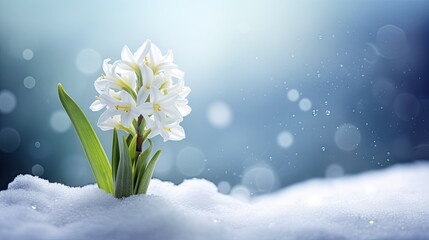 beautiful white blooming hyacinth growing through snow outdoors, with space for text.