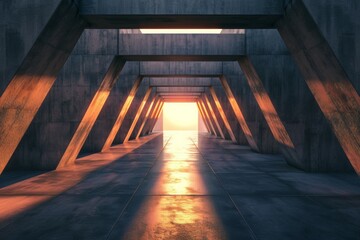 Empty Elegant Modern Concrete Underground Tunnel Room With Bright yellow Lights Background