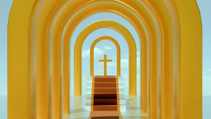3d rendering of a golden archway with a red carpet leading up to a cross at the end of an alleyway