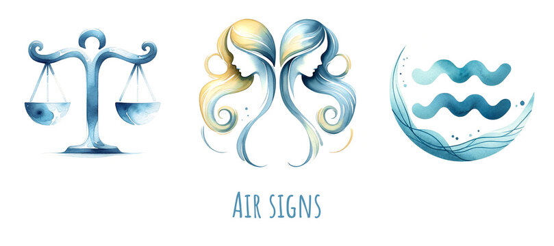 Set of three air zodiac signs, Gemini, Libra, Aquarius in blue shades in watercolor style on a white background. Isolated astrological symbols of celestial constellations for horoscope.