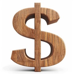Obraz premium Wooden Oak Dollar Sign on White Background. Photorealistic Buck Sign on white backdrop. Square Illustration. Ai Generated Finance and Currency 3D Symbol.
