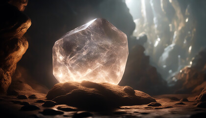 Magic crystal. Glowing white crystal. Glittering mystical stone. Crystal in a mysterious cave. Selective focus. AI generated
