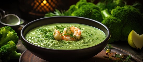 On a light table sat a bowl of creamy broccoli soup, perfectly complemented by succulent shrimp, creating a tempting and satisfying meal.