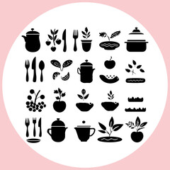 Food Set Clipart Black Silhouette. Creative Food Item Silhouette collection. Food Item Vector And Illustration
