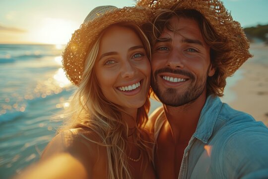 A couple captures their joyful vacation moment as they smile for a selfie in the warm sun, dressed in stylish beach attire and wearing matching sun hats against a picturesque sky and sparkling water 