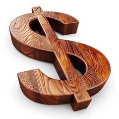 Wooden Rosewood Dollar Sign on White Background. Photorealistic Buck Sign on white backdrop. Square Illustration. Ai Generated Finance and Currency 3D Symbol.