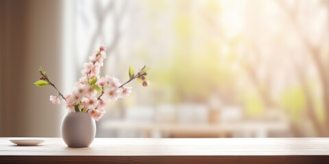 Blurred spring window in home interior with empty table.