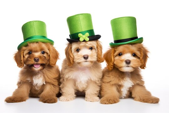 Cute dog with leprechaun hat celebrating Saint Patrick. Animal with a green hat representing luck and tradition. Happy St. Patrick's Day.