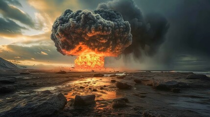 Nuclear explosion scene, big nuclear explosion. Created with Generative Ai technology.