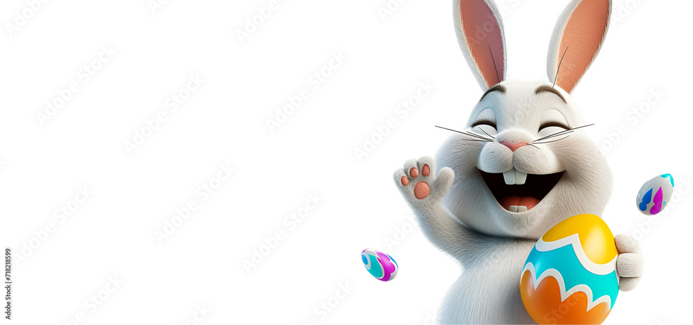 Sticker easter celebration with 3d rabbit: happy easter white bunny holding egg in banner cartoon with text 