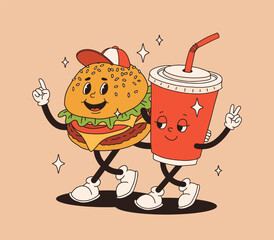 Set of fast food retro groovy cartoon character. Vintage mascot of burger with soda, burger with hat with happy smile. Funky street food illustration