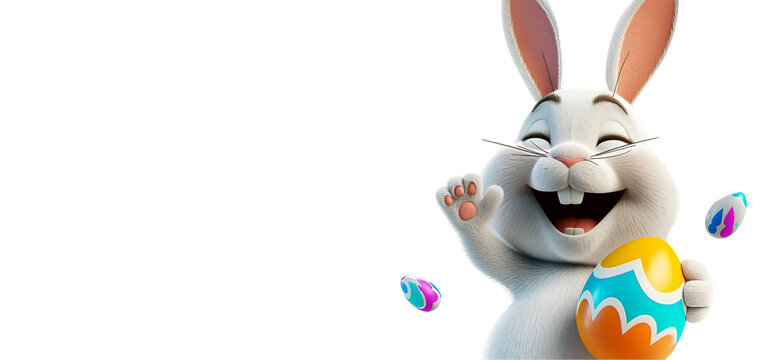 Easter Celebration with 3D Rabbit: Happy Easter White Bunny Holding Egg in Banner Cartoon with Text Copy Space, Isolated on Transparent Background, PNG