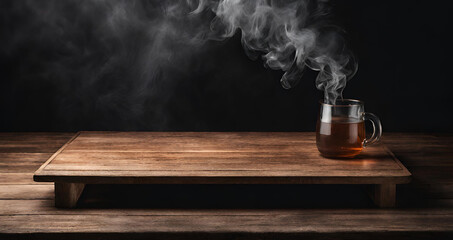 Water pouring into cup on wooden table emitting smoke, Smoke billowing from a wooden table in a dark room, Smoke rising from a wooden table on a black background. - obrazy, fototapety, plakaty