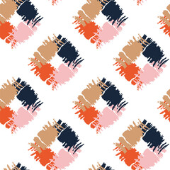 Multi-colored rhombuses on white. Modern abstract seamless pattern. In Scandinavian and boho style. Vector ornament for background, packaging, textiles. Colors: orange, beige, rich blue, pink