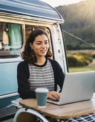 Young woman digital nomad engaging in remote work outside her vintage camper van
