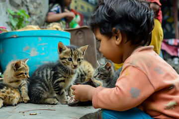 street child playing with cat