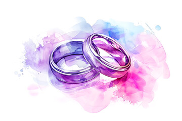 Pair of wedding rings in watercolor style isolated on white background