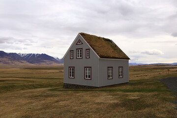 Fototapeta na wymiar The Glaumbaer turf farm is a historical site and museum in North Iceland's Skagafjordur fjord