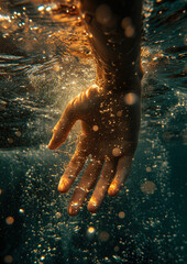 male hand underwater in dark see under splashes and bubbles with sun rays