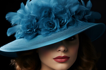 A woman in a beautiful blue hat.