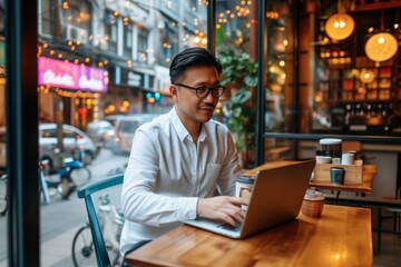 Fototapeta premium Young professional working intently on a laptop in a cafe with urban street views. Asian businessman in a white shirt engaged with his laptop at a busy coffee shop.