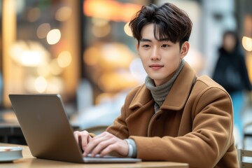 Stylish young Asian man is working using a laptop in a lively coffee shop. determined freelancer in a winter coat is busy with laptop at  coffee shop. During the time you have to work outside the home