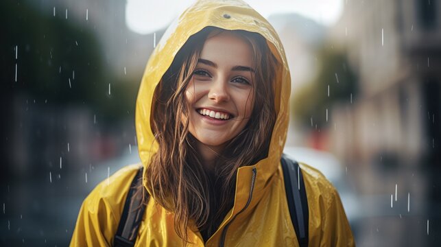 Girl smiling wearing raincoat jacket with a hood enjoying the rain outdoors. Rainy season. Health care