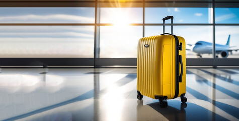 Yellow luggage in airport. A plane is outside the window. Sunny blur. Copy place. Banner design.