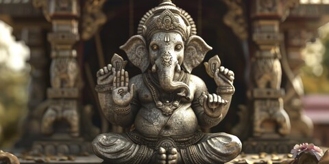 A statue of an elephant sitting in front of a building. Ideal for architectural, travel, or cultural themes - Powered by Adobe