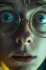 A detailed view of a person wearing glasses. This image can be used to depict professionalism, intelligence, or a focused individual