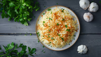 A plate of golden hash browns on a dark kitchen table surrounded by parsley and garlic bulbs.