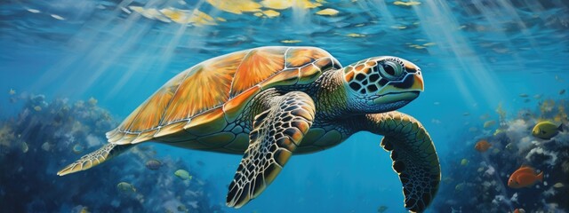 a green sea turtle in a beautiful blue ocean. turquoise water color. background wallpaper	